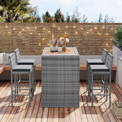Quarte Modern 5-Piece Outdoor Patio Dining Set, Garden PE Rattan Wicker Bar Set, 4 Bar Height Chairs with Non-Slip Feet and Fixed Rope, Acacia Wood Table Top