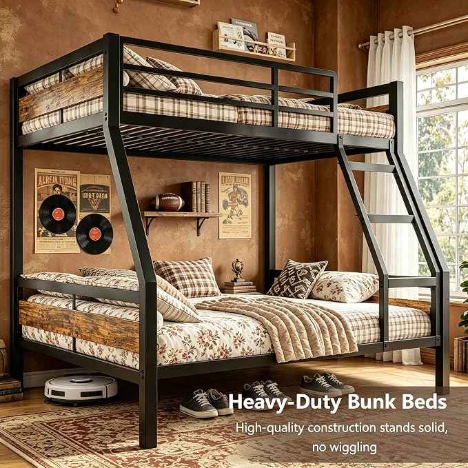 Bunk Bed Twin Over Full, Heavy Duty Metal Bunkbeds with Full-Length Guardrail, Space-Saving Steel Bed for Kids & Adults, No Box Spring Required, Rustic Brown