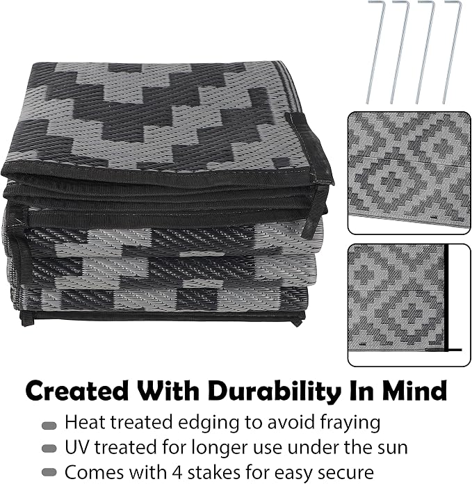 SAND MINE Waterproof Outdoor Rug 6x9 ft, Plastic Reversible Rug, Modern Area Rug, Large Floor Mat for Outdoors, RV, Patio, Backyard, Deck, Picnic, Beach, Camping, Black Grey Lattice