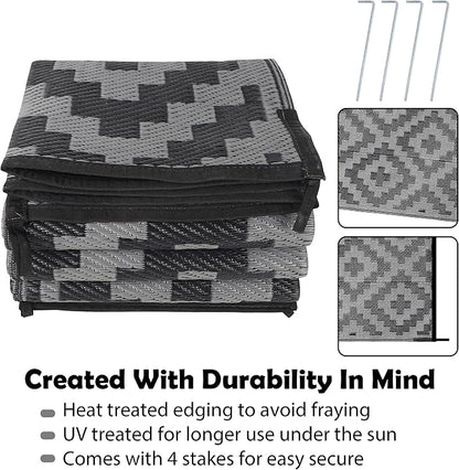 SAND MINE Waterproof Outdoor Rug 6x9 ft, Plastic Reversible Rug, Modern Area Rug, Large Floor Mat for Outdoors, RV, Patio, Backyard, Deck, Picnic, Beach, Camping, Black Grey Lattice