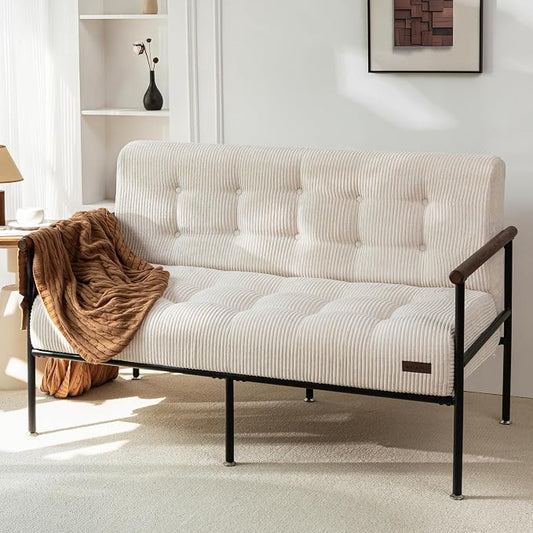 MAXYOYO Living Room Accent Chair, Loveseat Sofa Chair with Sturdy Metal Frame & Wood Armrests, Button Tufted Upholstered Small Couch Modern Love Seat for Bedroom Office, Beige