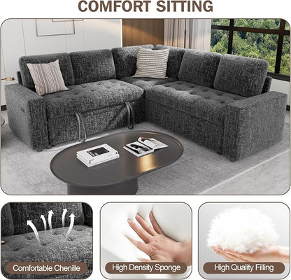 Sunny Heart 5-Seat Modular Sleeper Sofa with Pull-Out Bed & Storage, L-Shaped Chenille Sectional Couch, Reclining Backrest & USB Charging for Living Room,Guest Room Dark Grey