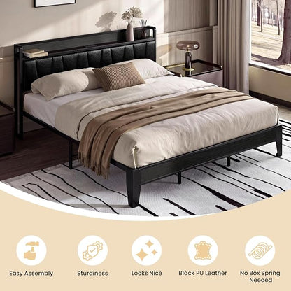 LIKIMIO King Bed Frame, PU Leather Storage Headboard with Charging Station, Solid and Stable, Noise Free, No Box Spring Needed, Easy Assembly, Black