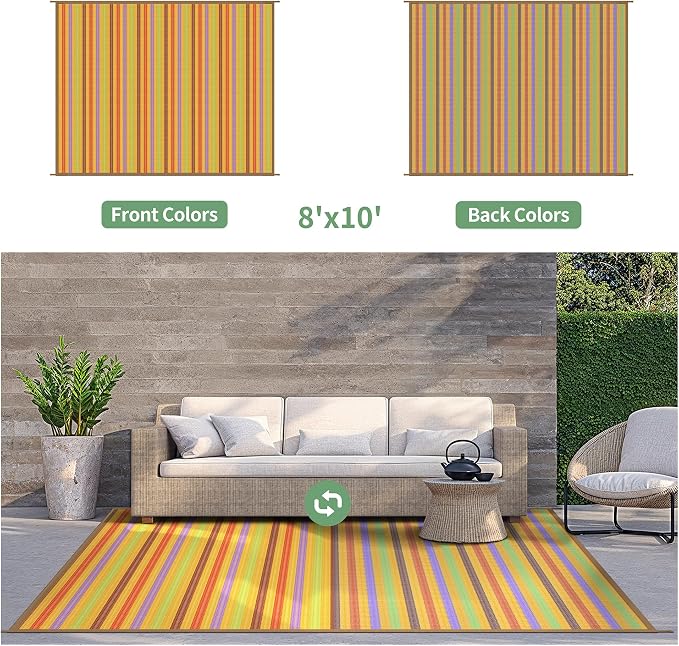 GENIMO Outdoor Rug for Patio Clearance, 8'x10' Reversible Plastic Straw Rugs, Lightweight Waterproof RV Camping Mat for Camper, Balcony, Deck, Backyard, Picnic, Rainbow