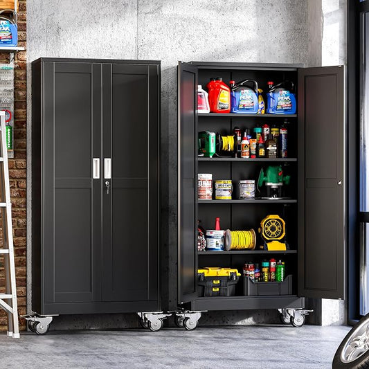 Metal Garage Storage Cabinet with Wheels, 74.8" H x 31.5" W x 15.7" D, Lockable Rolling Steel Tool Cabinet with Adjustable Shelves, Heavy Duty Garage Cabinet for Workshop, Basement, Home, Black