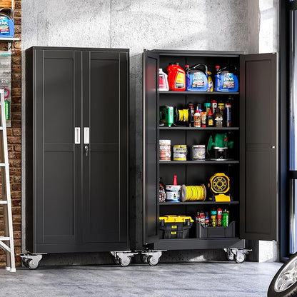 Metal Garage Storage Cabinet with Wheels, 70.9" H x 29.9" W x 15" D, Lockable Rolling Steel Tool Cabinet with Adjustable Shelves, Heavy Duty Garage Cabinet for Workshop, Basement, Home, Black