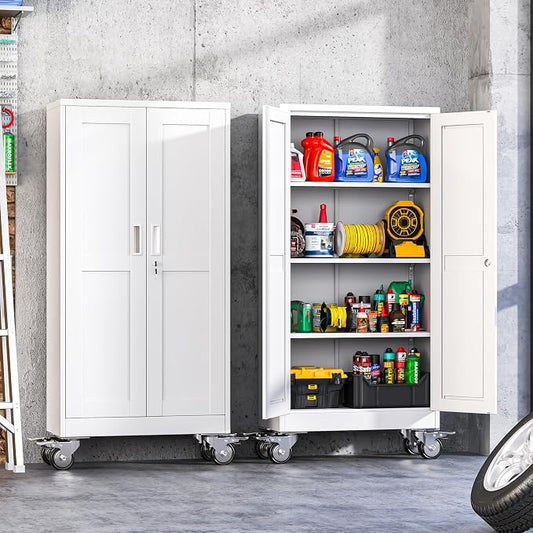 Metal Garage Storage Cabinet with Wheels, Rolling Storage Cabinet with Lock, Steel Cabinets with 2 Doors and 3 Adjustable Shelves for Garage, Home,Office, White