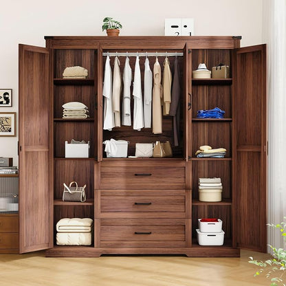 70" Tall Armoire Wardrobe Closet with 4 Doors & 3 Drawers, Farmhouse Bedroom Storage Cabinet with Hanging Rod, Freestanding Wooden Armoire Wardrobe Closet, Brown