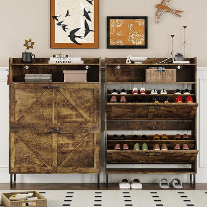 BORNOON Shoe Cabinet with 2 Flip Drawers Narrow Shoe Storage Cabinet Organizer Wooden Freestanding Rack Hidden Slim Storage for Entryway, Hallway, Living Room, Bedroom (Brown)