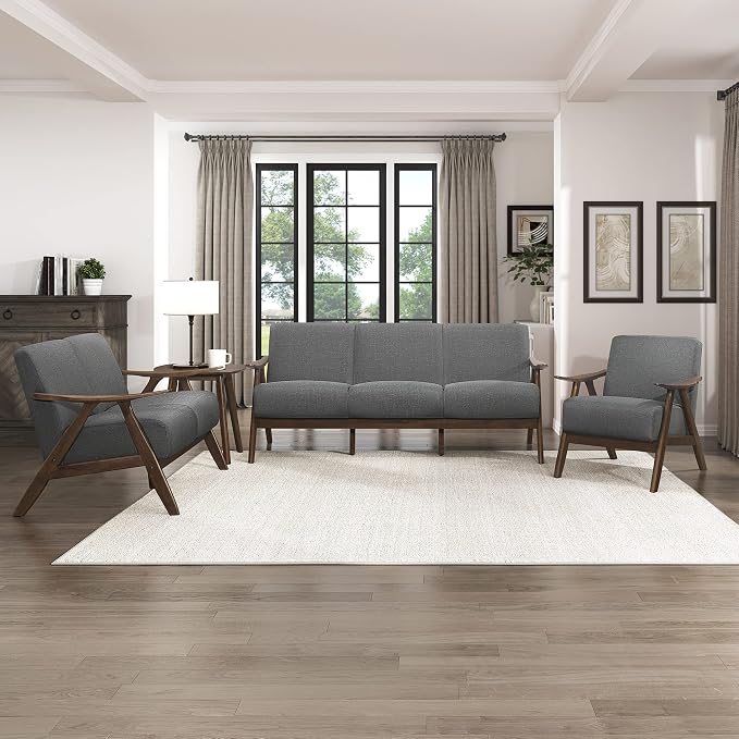 Lexicon Mid Century Modern Accent Chair with Solid Wood Frame in Walnut Finish, Upholstered Living Room Lounge Arm Chair, Thick and Comfy Innerspring Seat Cushion, Linen-Look Fabric, Gray