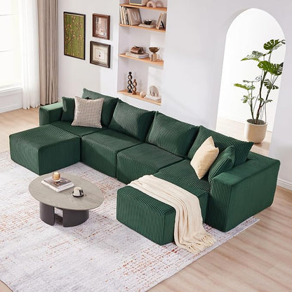 Weture 135.4" Cloud Couch Sectional, Modular Sectional Sofa with Deep Seat, Plush Corduroy U Shaped Boneless Couch, Convertible Sectional Couches for Living Room, 6Seat, Green