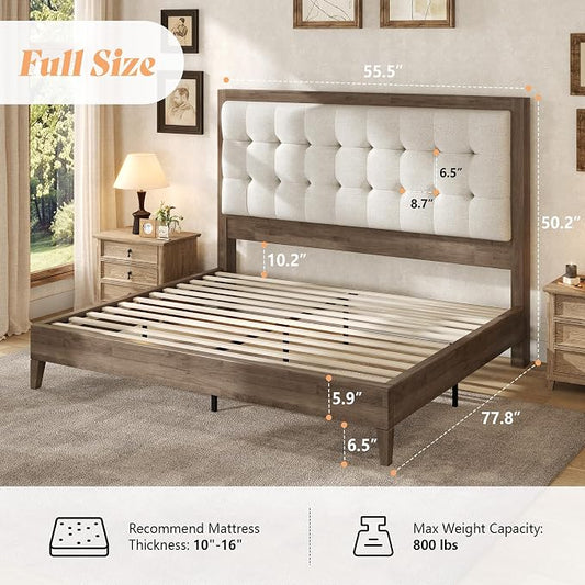 AMERLIFE Full Size Bed Frame with Headboard, Solid Wooden Bed Frame Full Size Platform Bed Frame Mid-Century Style, No Box Spring Required, Ash Gray