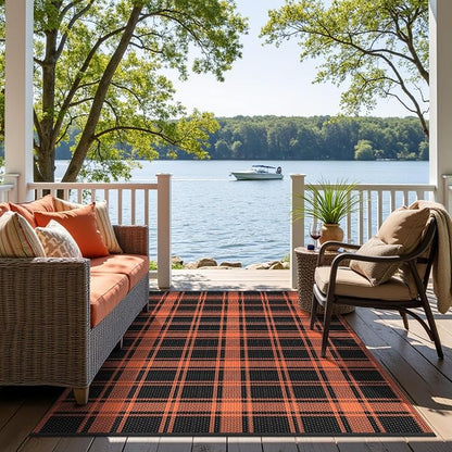 GENIMO Waterproof Outdoor Rug for Patio Clearance, 6'x9' Reversible Plastic Straw Rugs, Lightweight RV Camping Mat for Camper, Balcony, Deck, Backyard, Picnic, Black Orange Plaid