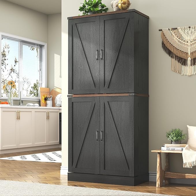 71" Tall Kitchen Pantry Cabinet, Farmhouse Tall Kitchen Storage Cabinet with Adjustable Shelves & 4 Barn Style Doors, Wooden Storage Cabinet for Kitchen, Dining Room, Living Room, Bathroom, Office