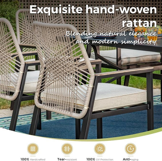 MIXPATIO 5 Pieces Round Outdoor Dining Set for 4, Patio Dining Set Wicker Rattan Chairs with Soft Cushion and 42" Round Table with Umbrella Hole, Round Patio Table and Chairs for Backyard Porch