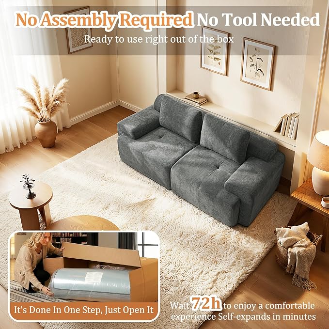 85" Oversized Boneless Couch, Comfort Cloud Sectional Couches for Living Room, Modular Sofa High Back & Extra Deep Seat, No Assembly, Soft Chenille Fabric (Dark Grey, 85 inch- Shaped（2+0）)