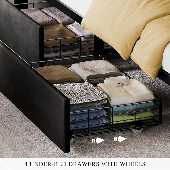 DWVO King Size Bed Frame with 4 Drawers and RGB LED Lights, Velvet Upholstered Platform Bed with Charging Station and Storage Headboard, No Box Spring Needed, Easy Assembly, Noise-Free, Black