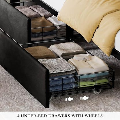 DWVO King Size Bed Frame with 4 Drawers and RGB LED Lights, Velvet Upholstered Platform Bed with Charging Station and Storage Headboard, No Box Spring Needed, Easy Assembly, Noise-Free, Black