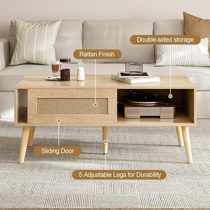 ZttRiee Rattan Coffee Table with Sliding Doors, Mid-Century, Natural | 39.4"L x 19.7"W x 16.5"H, 220 lbs capacity, 2 compartments, solid wood legs, ~30 min assembly