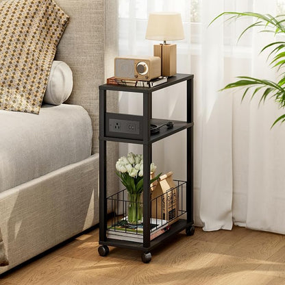 DGSANDGO Black Narrow Rolling Side Table with Charging Station (Outlets/USB Ports) & Storage Basket - Small Space End Table for Living Room Bedroom Office (Black)