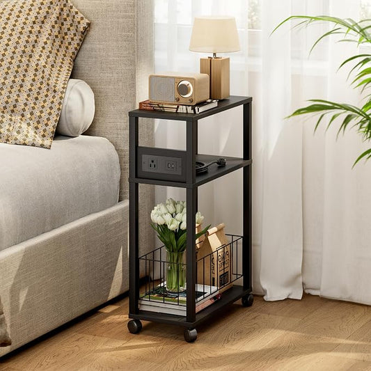 DGSANDGO Black Narrow Rolling Side Table with Charging Station (Outlets/USB Ports) & Storage Basket - Small Space End Table for Living Room Bedroom Office (Black)