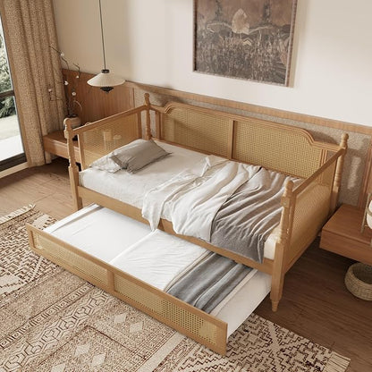 Merax Full Size Bedframe with Full Trundle and Footboard, Vintage Wooden Daybed Platform Bed with Natural Rattan Headboard, No Box Spring Needed, Noise-Free, Antique Walnut