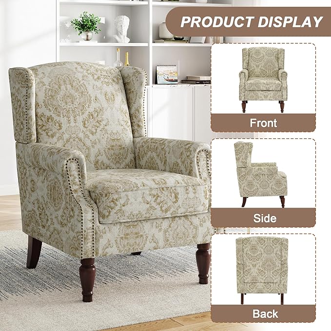 Pia Ricco High Back Floral Accent Chair - Retro Wingback Upholstered Armchair with Nailhead Trim, Solid Wood Legs, Fabric Living Room Bedroom Reading Chair (Flower White)