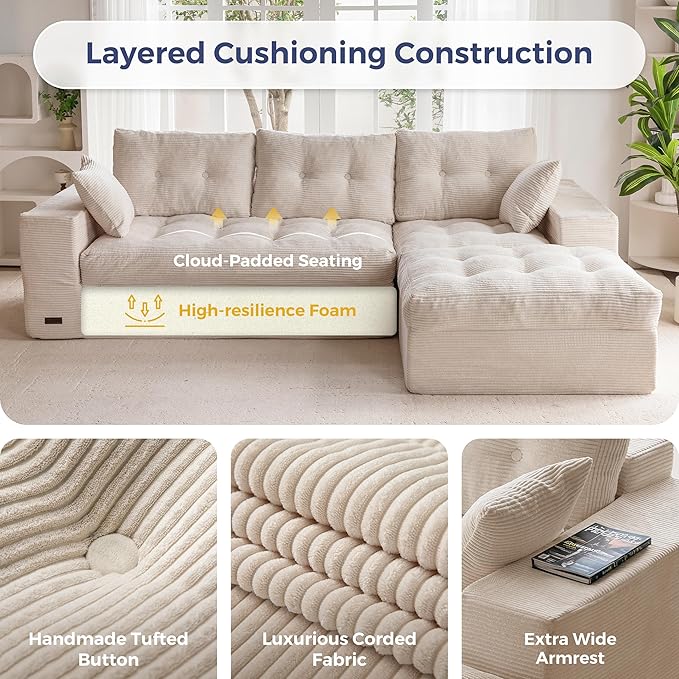 MAXYOYO 104" L Shaped Modular Sectional Sofa with Ottoman, Cloud Boneless Couch with Layered Cushion, Upholstered Sofa Flexible Module Combination for Living Room, No Assembly, Beige