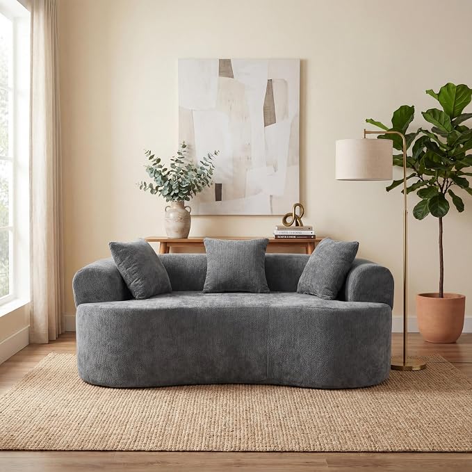 67" Cloud Curved Loveseat Sofa, Deep Seat Boneless Love Seat Couches with 3 Throw Pillows, Modern Chenille 2 Seater Compressed Floor Loveseat Sofa for Living Room Small Spaces, No Assembly | Breathable material