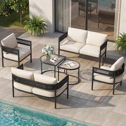 Grand patio 6-Piece Outdoor Furniture Set, 6 Seats Wicker Sofa Conversation Set with Thick Cushions and Coffee Table, for Backyard, Balcony, Garden (Beige)