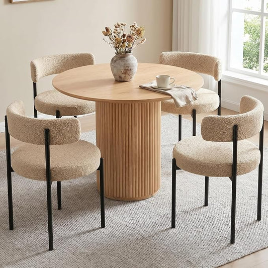 Boucle Dining Chairs Set of 4, Beige Dining Chairs with Upholstered Seat and Round Back, Mid-Century Modern Kitchen Chairs for Dining Room, Restaurant