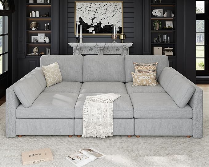 Oversized Modular Sectional Sleeper Sofa Bed Cloud Couches Gray | Deep Seat Couch for Living Room, 6-Seater Luxury Comfortable Sofa with Ottoman, Solid Wood Frame, Removable Washable Cover