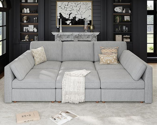 Oversized Modular Sectional Sleeper Sofa Bed Cloud Couches Gray | Deep Seat Couch for Living Room, 6-Seater Luxury Comfortable Sofa with Ottoman, Solid Wood Frame, Removable Washable Cover