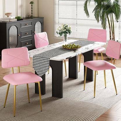 VECELO Dining Chairs Set of 4, Modern Upholstered Kitchen Chairs with Faux Leather Cushion Seat & Metal Legs for Kitchen, Living Room, Tufted Backrest Design, Pink