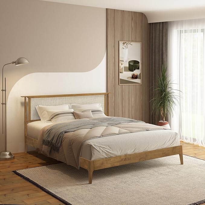 NTC Ruby Wooden Bed Frame with Headboard and Natural Rattan, Solid Oak Foundation with Silent Slats, 1000 Lb Capacity, Effortless Assembly, King - Teak Look