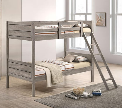 Coaster Home Furnishings Ryder Farmhouse Wood Twin Over Twin Size Bunk Bed Frame with Ladder and Guardrails Fully Slatted Mattress Ready Foundation Weathered Taupe 400818 | Wood Construction