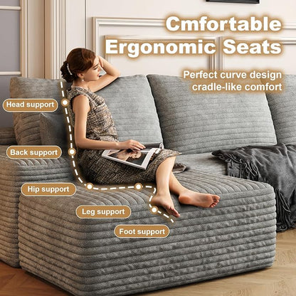 AUGOP 108" Sectional Couches for Living Room Modern Modular Sofa with L-Shape Couchs Upholstered Boneless Couch Deep Seat Sectional Couch with Chaise (Grey, Right Facing Chaise+2Seaters+1Ottoman)