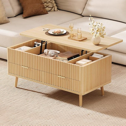 Lift Top Coffee Table with Storage - Fluted Wood Coffee Tables for Living Room with Drawers & Hidden Compartment, Mid Century Modern Square Large Center Table for Home Office, Reception