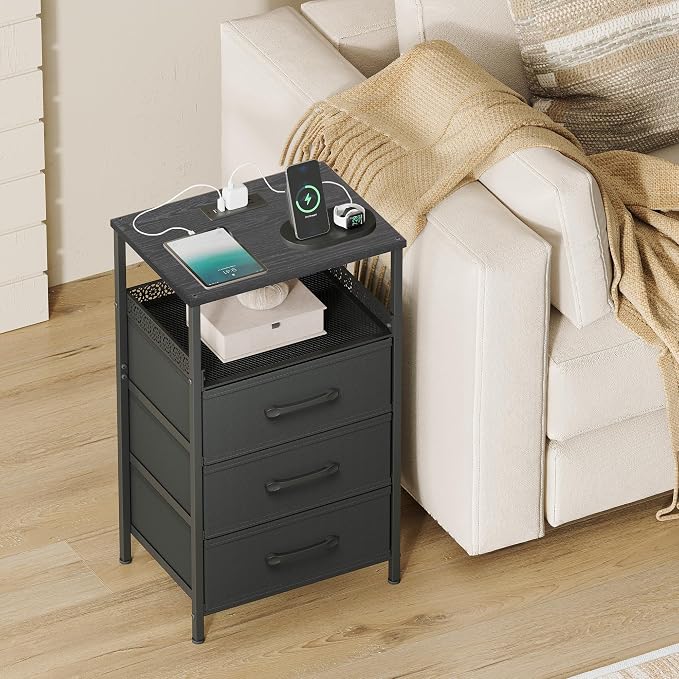 JARHETUN Nightstand Set of 2, Night Stands with Charging Station, 26.4 Inch Tall Bedside Table with Metal Shelf, Modern Side End Table with 3 Fabirc Drawers, Small Dresser for Bedroom, Black