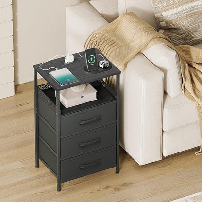 JARHETUN Nightstand Set of 2, Night Stands with Charging Station, 26.4 Inch Tall Bedside Table with Metal Shelf, Modern Side End Table with 3 Fabirc Drawers, Small Dresser for Bedroom, Black
