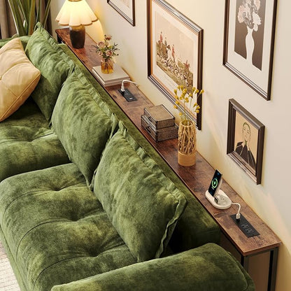 Huuger 110.2 Inch Sofa Table with Power Outlets, 23.9’’-34.4’’ Height Adjustable Range, Behind Couch Table with USB-C Ports, Sofa Tables Narrow Long, Skinny Console Table, Small Spaces, Rustic Brown