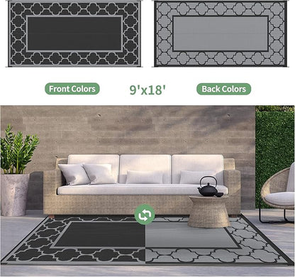 GENIMO 9' x 18' Outdoor Rug Waterproof for Patio, Foldable Reversible Plastic Straw Area Rugs Mat for Rv Decor, Outside Carpet for Camper, Deck, Picnic, Beach, Balcony, Porch, Black & Grey