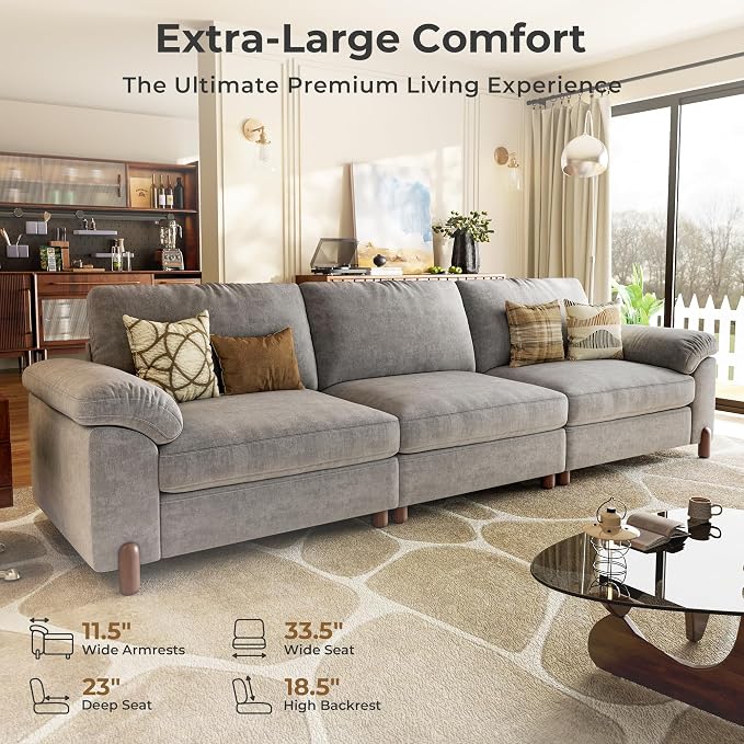 SITJOY Large Cloud Couch, 118" Wide 3 Seater Sofa, Light Gray Chenille | Detachable and Washable Chenille Cover Sectional Sofas for Living Room, Deep Seat Wide Couch