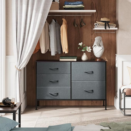 WLIVE Dresser for Bedroom with 5 Drawers, Wide Storage Dresser with Drawer Organizers, Chest of Drawers, Fabric Dressers for Living Room, Closet, Hallway, Dark Grey