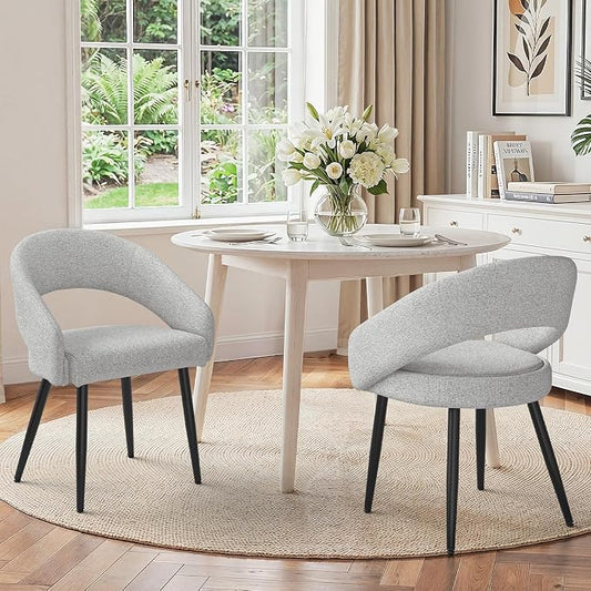 LUE BONA Modern Dining Chairs Set of 2, Upholstered Armrest Side Chairs for Kitchen & Dining Room, 18.5" Seat Height, Comfortable Curved Hollow Backrest, Black Metal Legs, Easy Assembly, Light Grey