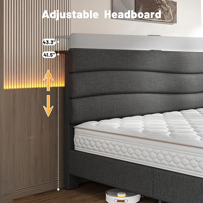 EnHomee King Bed Frame with Adjustable Height Upholstered Headboard, Charging Stations, Noise-Free Platform Bed, No Box Spring Needed,Easy Assembly, Grey