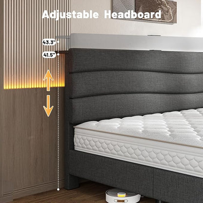 EnHomee King Bed Frame with Adjustable Height Upholstered Headboard, Charging Stations, Noise-Free Platform Bed, No Box Spring Needed,Easy Assembly, Grey
