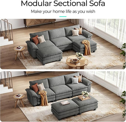 LINSY HOME 123'' Modular Sectional Sofa 3 Seat Couch Corduroy Cloud Couch with Deep Seat, Modern Cloud Couch with 2 Movable Ottoman for Living Room, Office, Bedroom, Grey