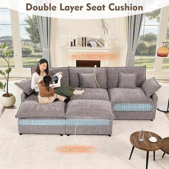 GOSUHI 108" U-Shaped Modular Cloud Couch, Deep Seat, Chenille Slate | Cloud Comfort, Couches for Living Room, Removable & Machine-Washable Covers, Movable Ottoman, Modular Sectional Sofa
