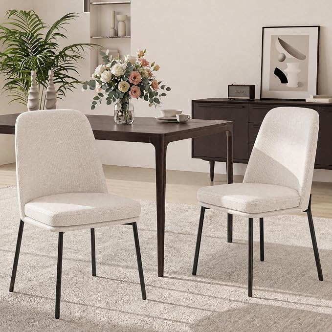 COLAMY Dining Chairs Set of 2, Modern Dining Chairs, Fabric Upholstered Dining Chairs, Kitchen Chairs with Curved Back and Metal Legs for Dining Room Kitchen Restaurant, Beige